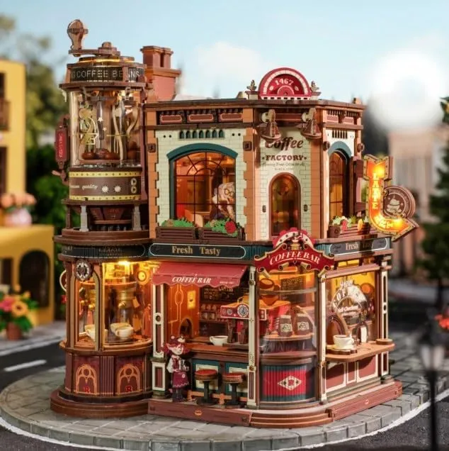 ROBOTIME Rompecabezas de madera 3D para adultos - Fábrica de café de ensueño, kit de construcción en miniatura con música, luces y escenas animadas, casa en miniatura/rincón de libros café EAB02