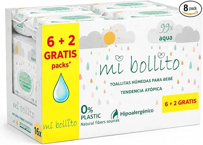 Pack 8 Toallitas Bebé Mi Bollito Piel Sensible 99% Agua Pura