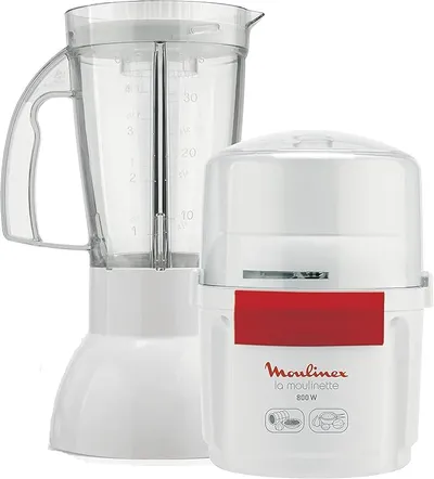 Moulinex La Moulinette, 800W, 2 en 1 Batidora y Picadora, Doble Cuchilla de Acero Inoxidable, 200g y 250ml, Ideal para Frutas Blancas y Rojas, AR6801