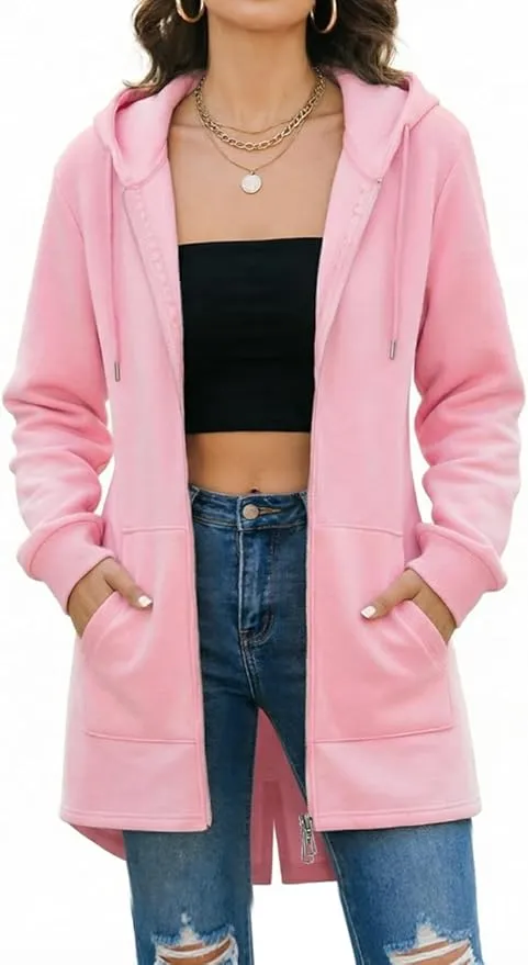 Largo Sudadera con Capucha para Mujer Color sólido Sudaderas de Manga Larga con Cremallera
