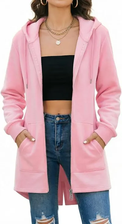 Largo Sudadera con Capucha para Mujer Color sólido Sudaderas de Manga Larga con Cremallera