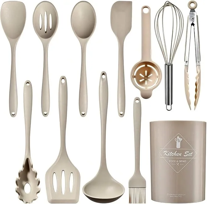 Juego Utensilios Cocina Silicona Resistente al Calor con Mango Acero