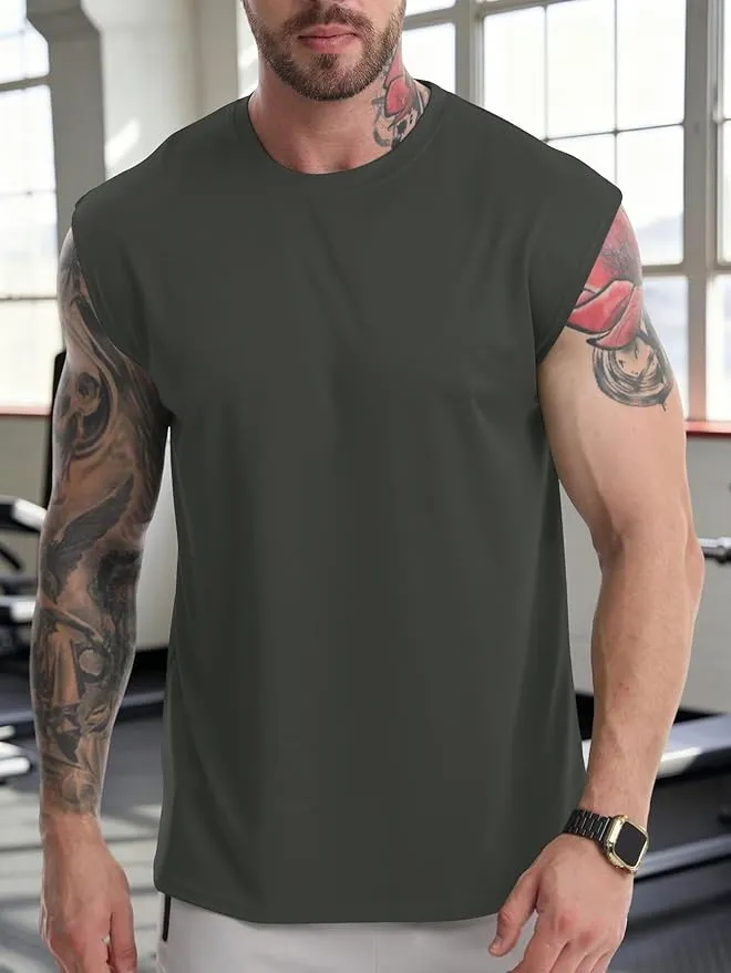 Camiseta básica sin mangas con cuello redondo para hombre
