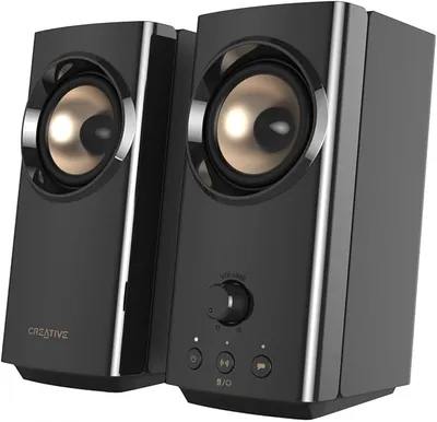 CREATIVE T60 Altavoces de Escritorio compactos 2.0 con Clear Dialog y Surround de Sound Blaster, Audio USB-C, Puertos para micrófono y Cascos, Bluetooth 5.0, para Ordenadores y portátiles