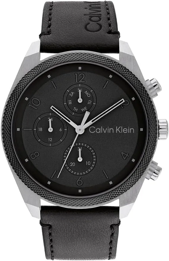 Calvin Klein Reloj Analógico de Cuarzo Multifunción para Hombre Colección Impact con Correa de Cuero Negra