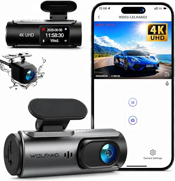 WOLFANG Cámara de Coche 4K UHD Doble Lente 170º Gran Angular