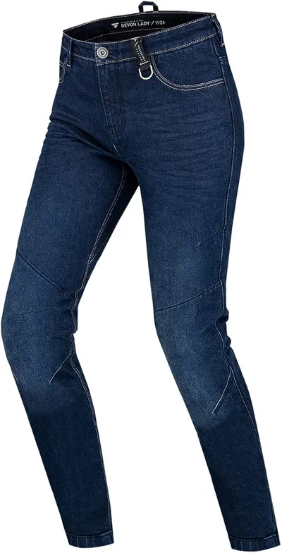 Shima Devon Jeans Moto - Pantalones Jeans Elásticos Ventilados Slim Fit con Refuerzos de FiberQL, Protectores CE de Rodillas y Caderas (Mujer, Azul Oscuro, 24 Long)
