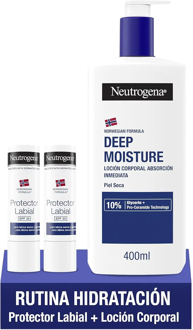 Pack Neutrogena Loción Corporal 400ml + Bálsamo Labial Cacao SPF20 (3 uds)