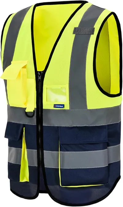 Chaleco de seguridad Reflectante Alta visibilidad Ropa de trabajo Cremallera Multibolsillos Amarillo Azul marino