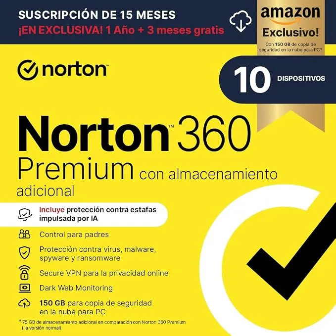 Norton 360 Premium Antivirus - 10 Dispositivos, 15 Meses (Descarga Digital)