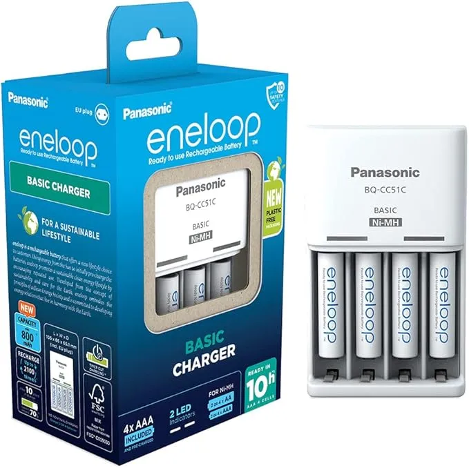 Cargador eneloop Basic con 4 Pilas AAA Micro y 6 Funciones de Seguridad