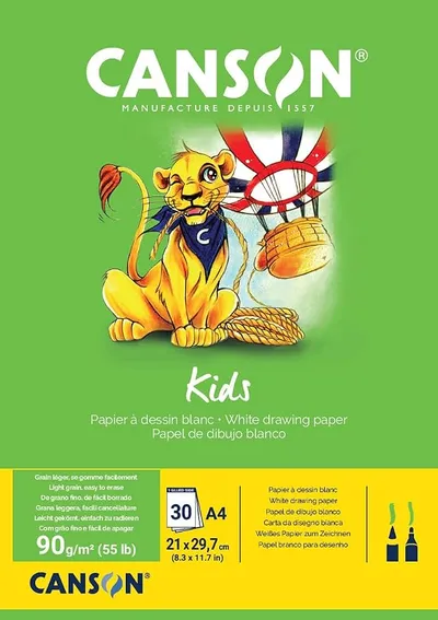 Canson Kids Papel de Dibujo Blanco A4, 90g, 30 Hojas