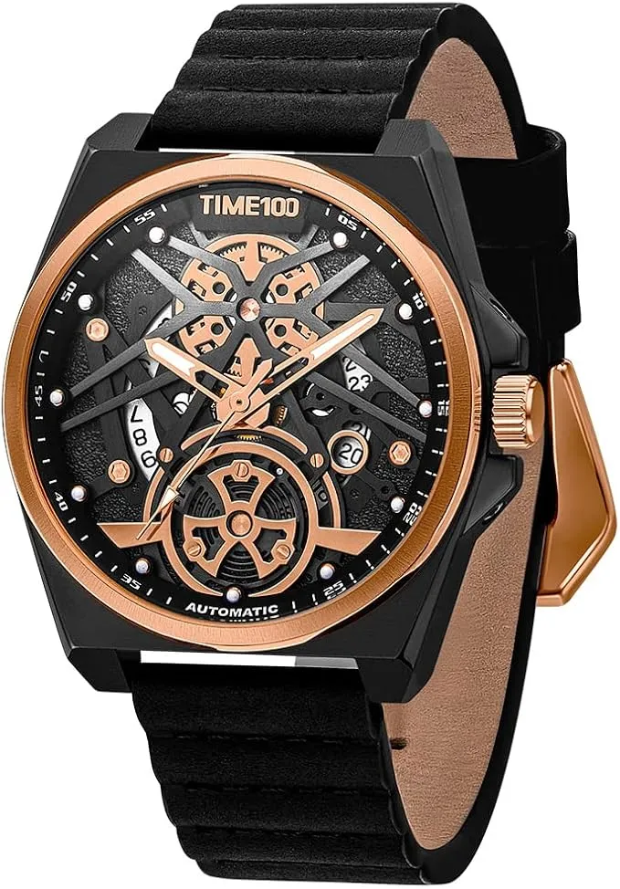 Reloj Mecánico Automático TIME100 Hombre Diseño Skeleton Acero/Cuero Multifunción Sumergible