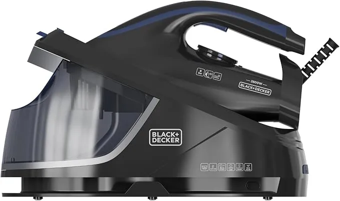Black+Decker – Centro de planchado Compacto| Ligero| Depósito 1,5L| Golpe Vapor 400g/min| Punta de Precisión| Suela Cerámica| Autolimpieza| Antical| Modo ECO| Diseño ergonómico