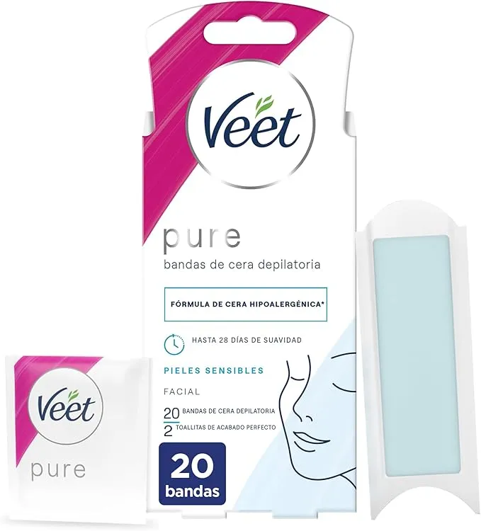 Veet Pure Bandas de Cera Fría Depilatoria Facial Piel Sensible, 20 Tiras