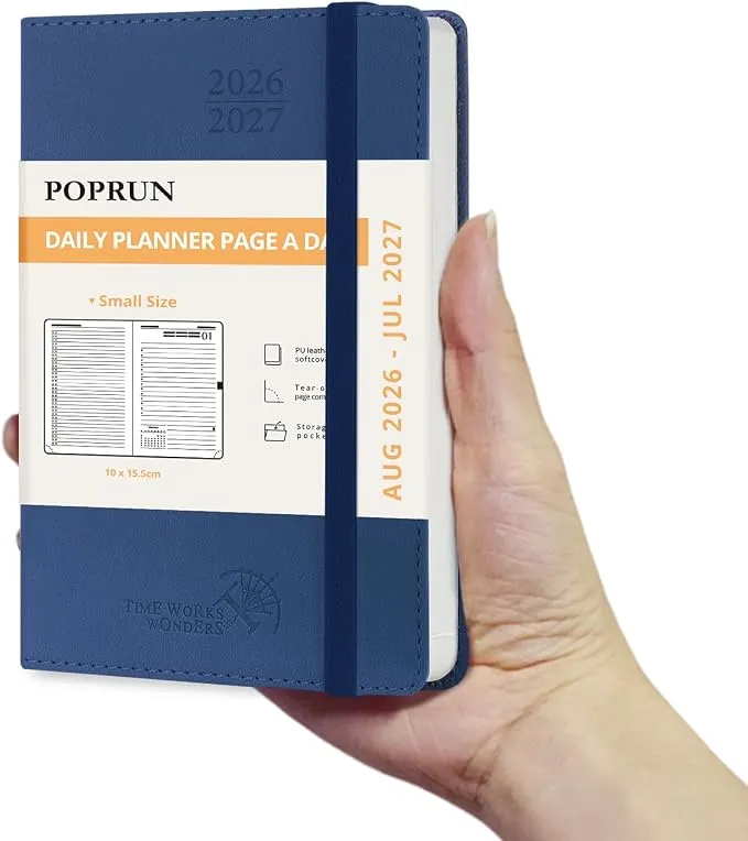 POPRUN Agenda 2026-2027 Día Por Página A6 Tapa Blanda Azul Marino