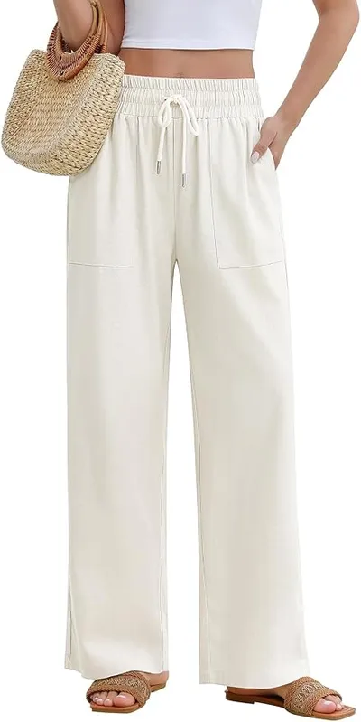Pantalón Palazzo Fashora de Lino para Mujer con Cintura Elástica y Bolsillos