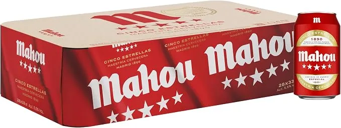 Mahou 5 Estrellas, Pack de 28 Latas x 33 cl, Cerveza Especial Dorada Lager Con Sabor 5 Estrellas, 5.5% Volumen de Alcohol