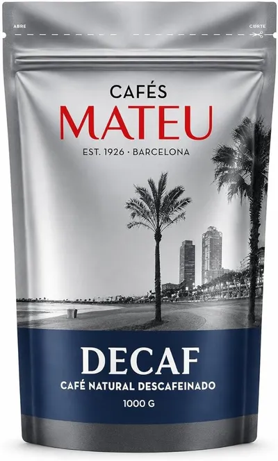 Cafés Mateu Café en Grano Descafeinado 1 Kg Swiss Water Blend Arábica-Robusta Aromático Tueste Artesanal Semanal