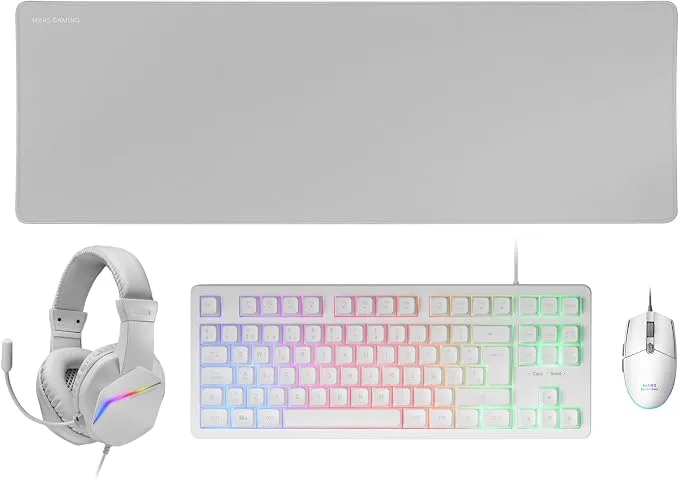 Pack Gaming Mars Gaming MCP-RGB3 Blanco Teclado, Ratón, Auriculares y Alfombrilla XXL