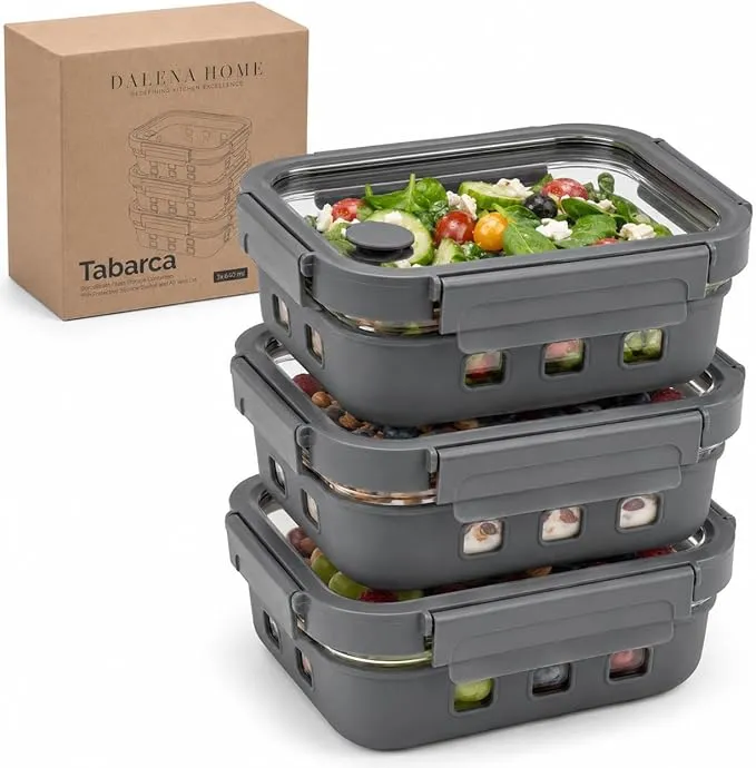 Dalena Home Tupper Meal Prep 3x640ml con Tapa Cristal Antifugas y Funda Silicona