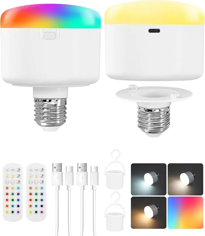 Pack 2 Bombillas Recargables GOEBLESON E27 RGB con Mando y Fijación Magnética