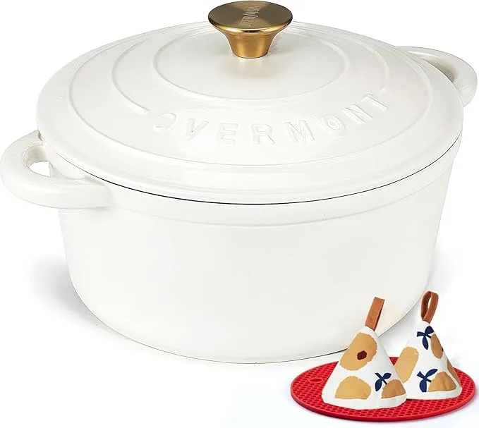 Overmont Olla de Hierro Fundido Esmaltado Ø26 cm - Cacerola Holandesa Blanca para Inducción