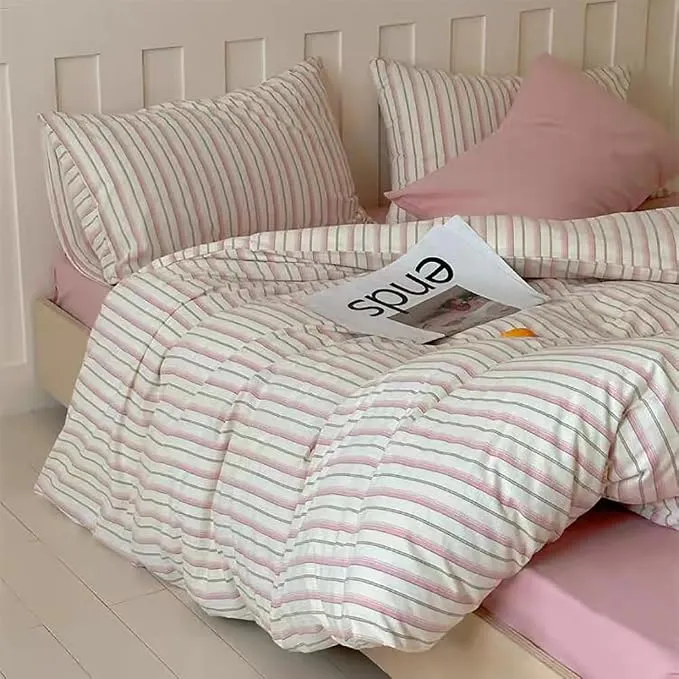 Juego de Cama a Rayas 135x200 cm en Microfibra Rosa y Blanco con Funda de Almohada