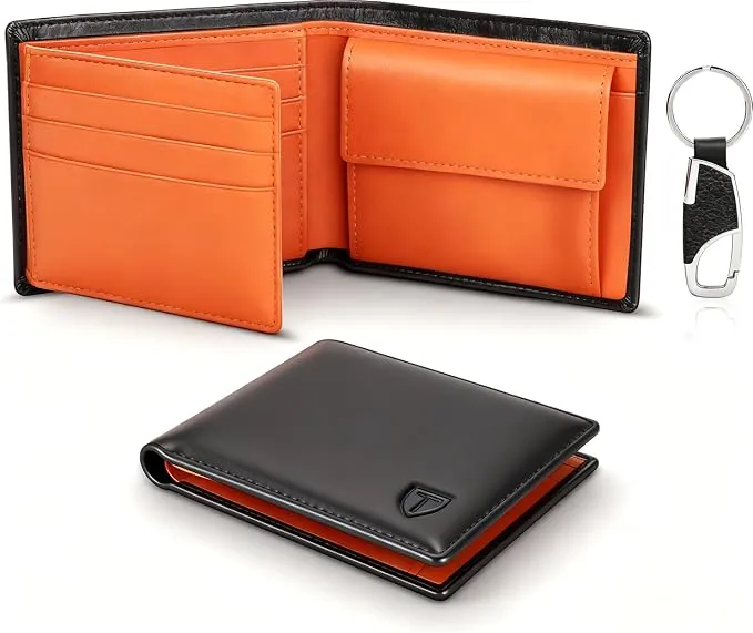 TEEHON Cartera para Hombre con RFID y Llavero - Naranja Negro