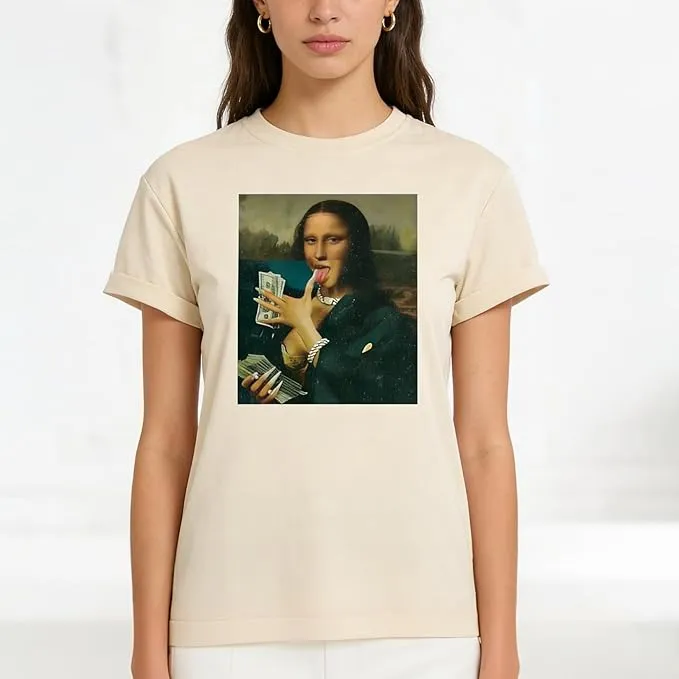 Camisetas de manga corta para mujer cuello redondo estampado Mona Lisa y dinero