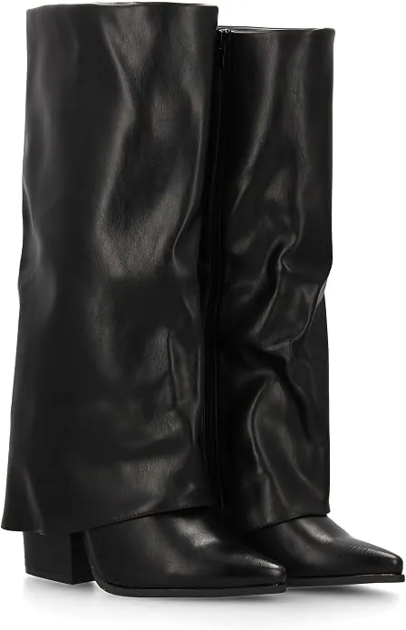 Botas Altas de Tacón Mujer Efecto Arrugado Punta Fina Bajo Ancho Negro Talla 39