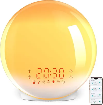 Despertador Luz, Wake Up Light, Despertador con Simulación de Amanecer y Atardecer, App Control, 4 Alarmas, Snooze, Calibración Automática de Hora, Radio FM, 7 Sonidos, 12 Colores