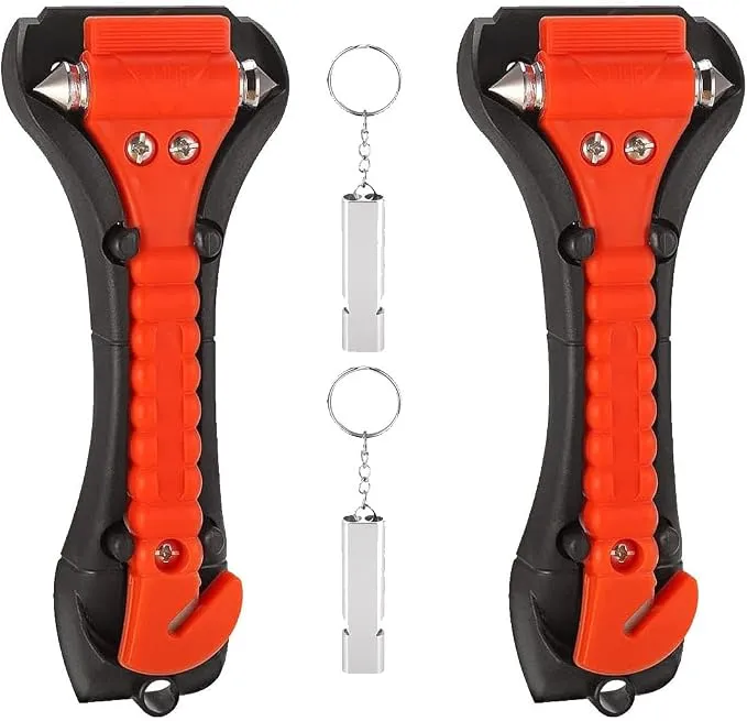 Pack 2 Martillos Rompecristales y Cortadores de Cinturón de Seguridad para Coche