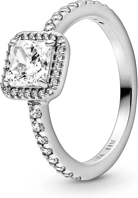 Pandora - Anillo con diseño cuadrado de plata de ley con circonitas cúbicas transparentes
