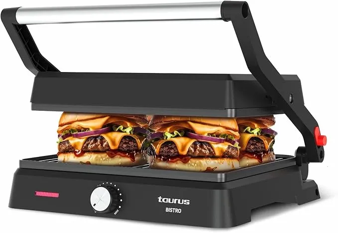 Plancha de Asar Eléctrica Taurus 2 en 1 - Potencia 2600W, Apertura 180º
