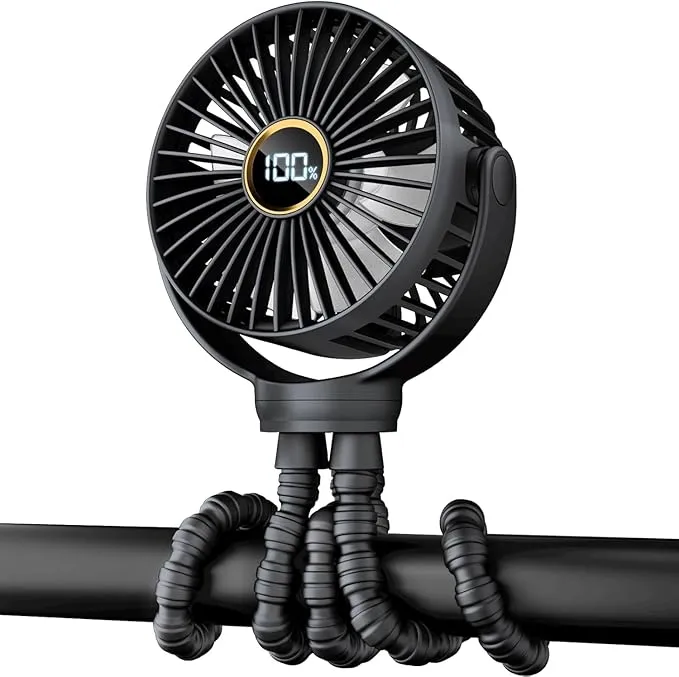 TUNISE Ventilador para cochecito, recargable con clip, motor sin escobillas silencioso, pantalla LED, 3 velocidades, rotación 360°, trÃpode desmontable, uso manual y mesa, cochecito, cinta de correr