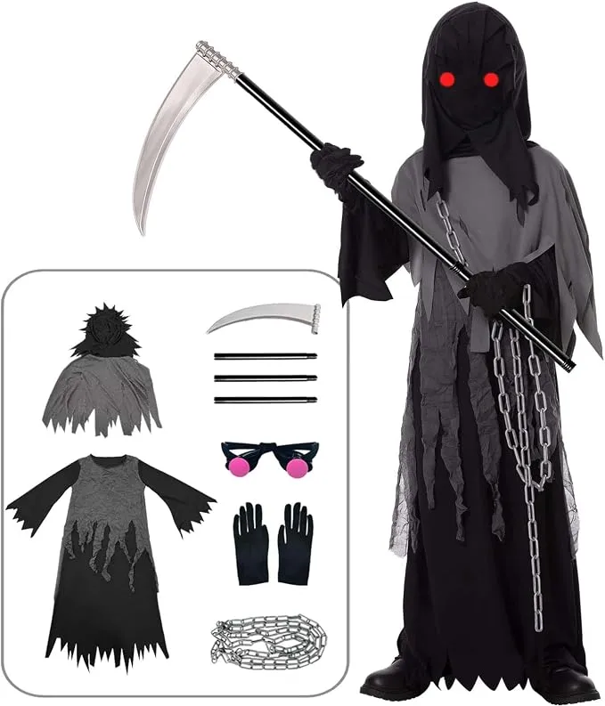 Disfraz Halloween Niño Muerte con Guadaña y Accesorios Luminosos
