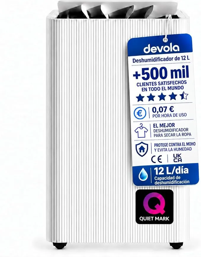 Devola Deshumidificador 12L Bajo Consumo con Filtro Carbón y Doble Filtración