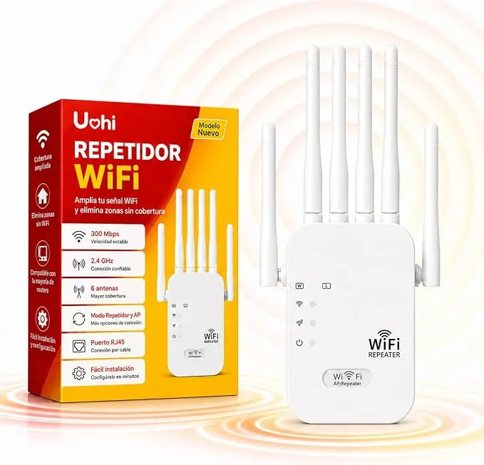 Repetidor WiFi N300 con 6 Antenas y Alcance de 120m²