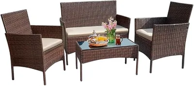 Conjunto de Jardín YOEVU Ratán Sintético 4 Piezas con Mesa de Cristal