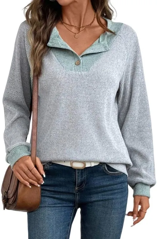 Sukiglam Sudaderas Mujer sin Capucha Bicolor Sudadera Cuello Polo con Botones