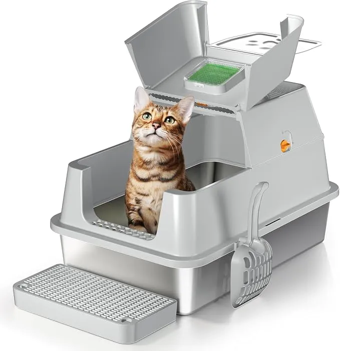 Arenero Acero Inoxidable para Gatos con Tapa Abatible y Control de Olores - Gris
