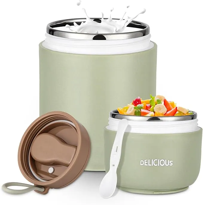 FAOKZE Taza 2 en 1 Cereales y Yogur 430ml+300ml con Cuchara, Acero Inoxidable Verde