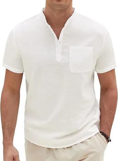 VOQEEN Camisa Henley de Lino para Hombre - Estilo Veraniego con Bolsillo