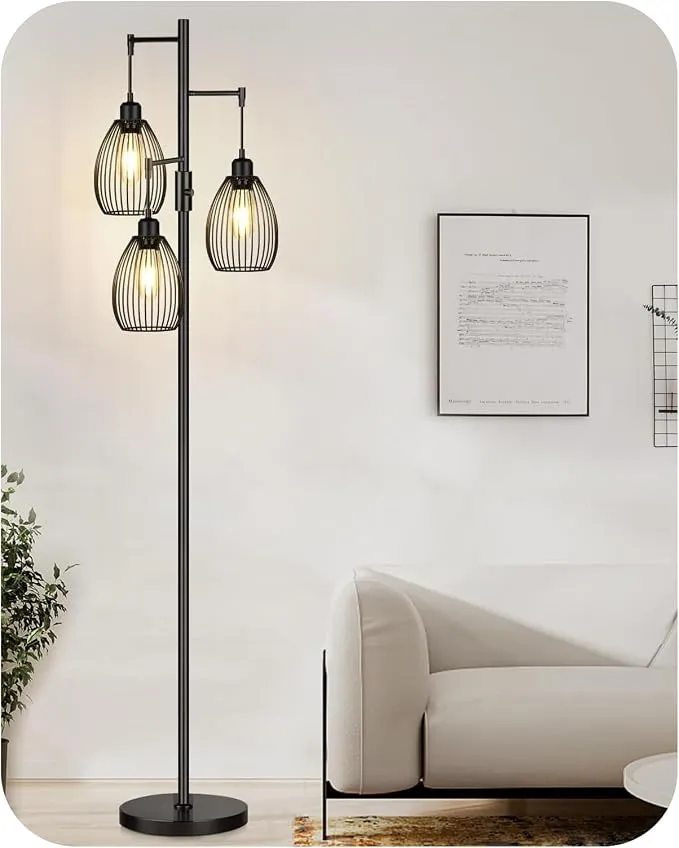 Lámpara de Pie Industrial Negra Nintiue 178cm con 3 Bombillas LED 800lm Regulables