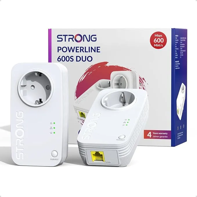 STRONG AV600 PLC Powerline Set con Enchufe, Sin WiFi, Puerto LAN 100 Mbit/s