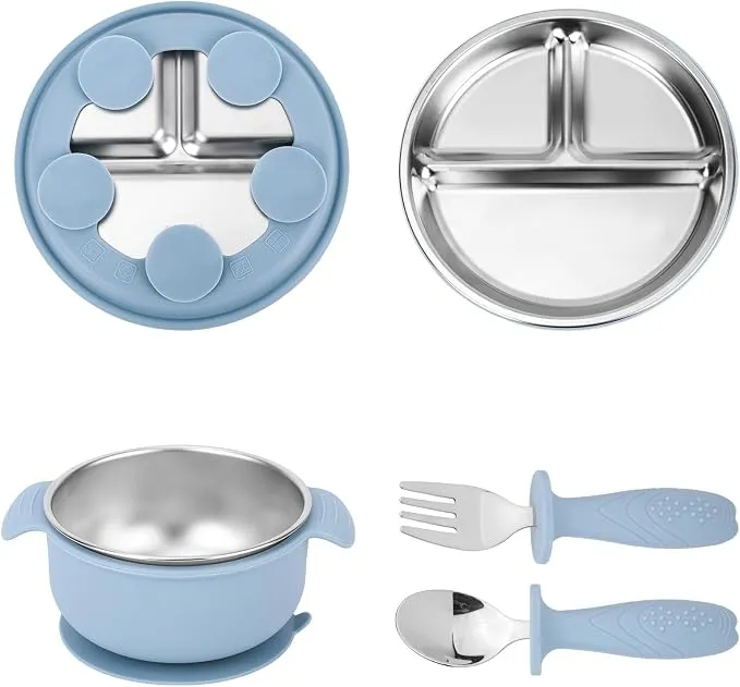 Juego de 4 Platos de Acero Inoxidable para Bebé Lasuroa con Ventosa y Accesorios