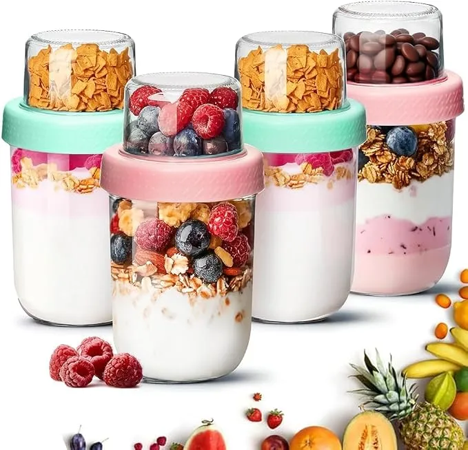 ComSaf Pack 4 Vasos para Yogur y Cereales 480ml con Compartimento 120ml