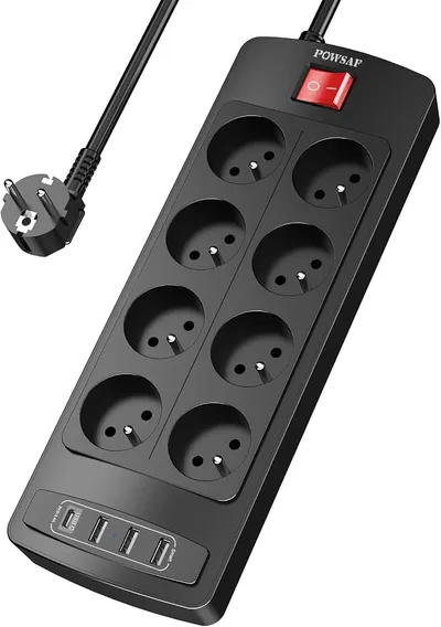 Regleta con 8 enchufes y 4 puertos USB, reacondicionada