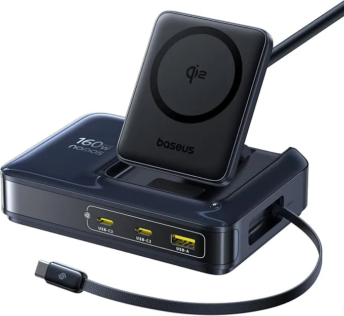 Baseus Nomos NH21 - Cargador Inalámbrico 5 en 1 160W con Qi2 y Cable Retráctil 100W